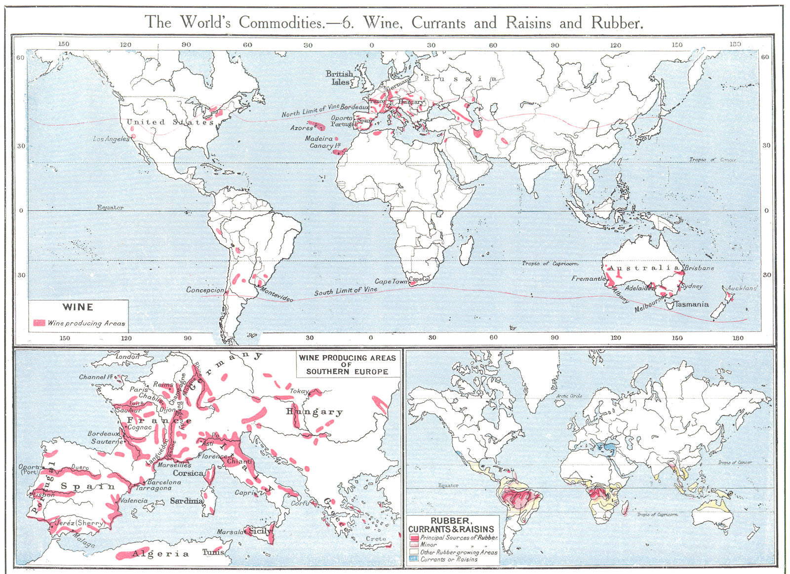 WORLD. Wine Rubber Currants Raisins; viticulture Southern Europe 1907 old map